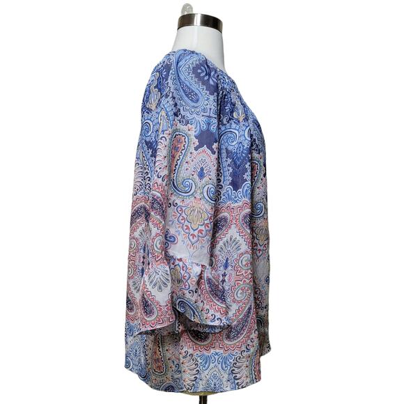 Zac & Rachel Women's Blue Paisley Blouse Top 3/4 Bell Sleeve Off Shoulder Medium - Picture 2 of 9